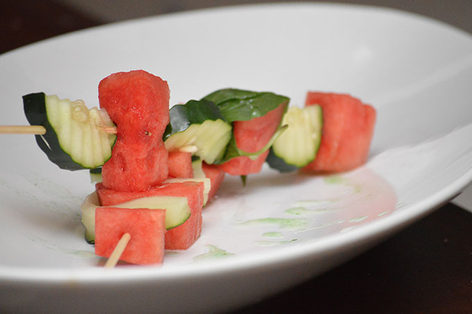 Shay's Kitchen Watermelon, cucumber, basil skewer.